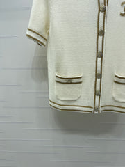 Gold-trimmed Crew Neck Knitted Short-Sleeve Cardigan