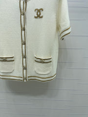 Gold-trimmed Crew Neck Knitted Short-Sleeve Cardigan