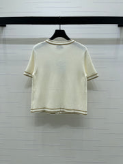 Gold-trimmed Crew Neck Knitted Short-Sleeve Cardigan