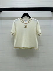 Gold-trimmed Crew Neck Knit Short-Sleeve Top