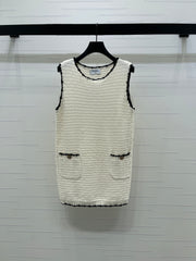 Color-blocked woven round neck knit vest dress