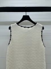 Color-blocked woven round neck knit vest dress