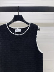 Color-blocked woven round neck knit vest dress