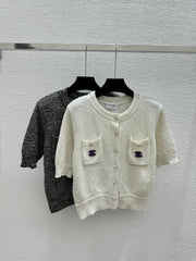 Sequined openwork short-sleeved cardigan