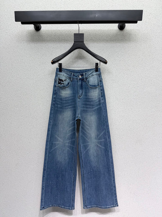 Rhinestone-embellished straight-leg wide-leg jeans