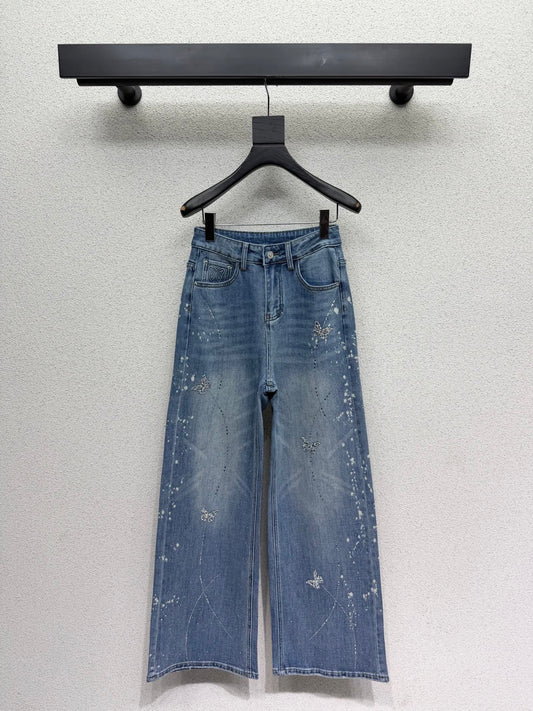 Sequined butterfly rhinestone straight-leg wide-leg jeans