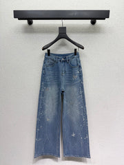 Sequined butterfly rhinestone straight-leg wide-leg jeans