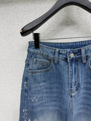 Sequined butterfly rhinestone straight-leg wide-leg jeans