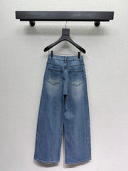 Sequined butterfly rhinestone straight-leg wide-leg jeans