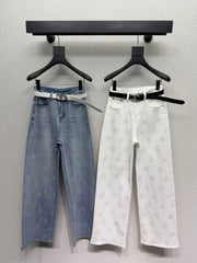 Rhinestone-embellished straight-leg wide-leg jeans with belt