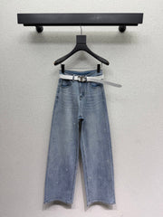 Rhinestone-embellished straight-leg wide-leg jeans with belt