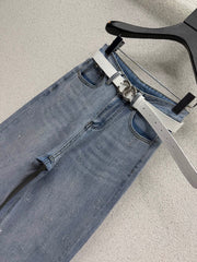 Rhinestone-embellished straight-leg wide-leg jeans with belt