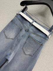 Rhinestone-embellished straight-leg wide-leg jeans with belt