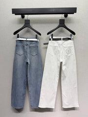 Rhinestone-embellished straight-leg wide-leg jeans with belt