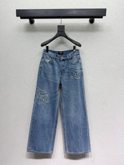 Embroidered logo patch jeans