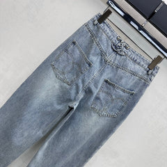 Embroidered Straight-Leg Denim Pants