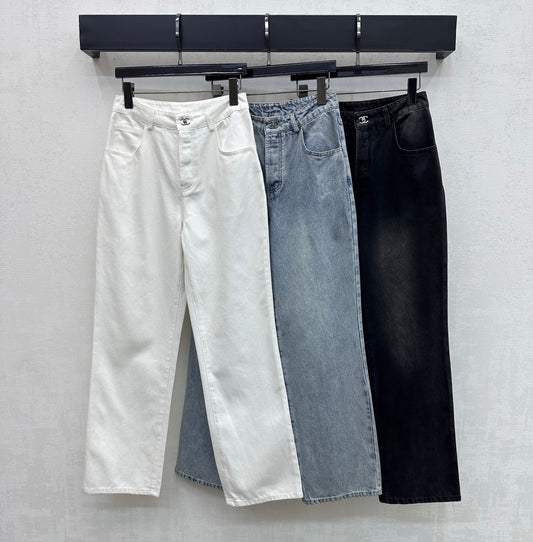 Embroidered Straight-Leg Denim Pants