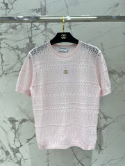 Openwork Knit Crew Neck Short-Sleeve Top