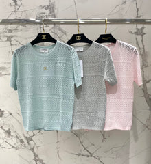 Openwork Knit Crew Neck Short-Sleeve Top