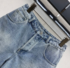 Embroidered Backpack Button Denim Shorts