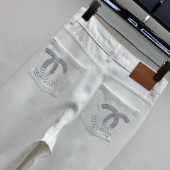 Rhinestone-Embellished Straight-Leg Denim Trousers