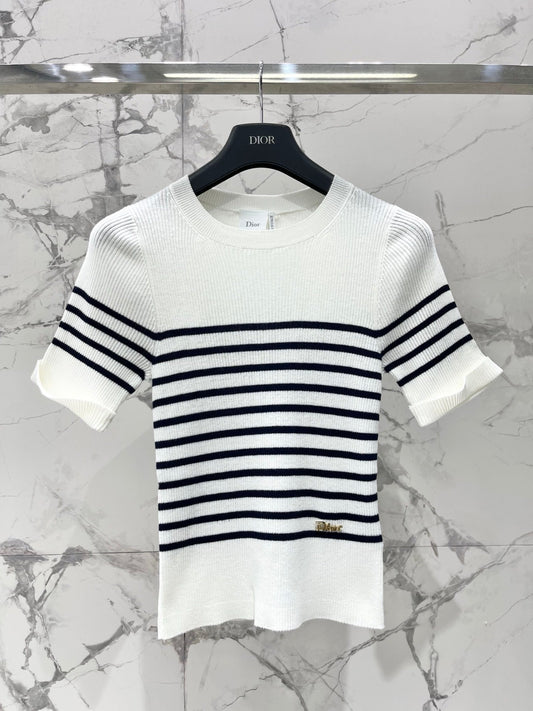 26 New Striped Short-Sleeve Knit Top with Metal Lettering and Crew Neck