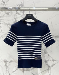 26 New Striped Short-Sleeve Knit Top with Metal Lettering and Crew Neck