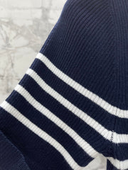 26 New Striped Short-Sleeve Knit Top with Metal Lettering and Crew Neck