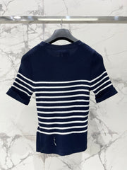 26 New Striped Short-Sleeve Knit Top with Metal Lettering and Crew Neck