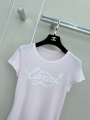 26 New Style: Beaded & Sequined Letter Crewneck Short-Sleeve Top