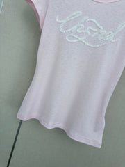 26 New Style: Beaded & Sequined Letter Crewneck Short-Sleeve Top