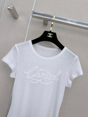 26 New Style: Beaded & Sequined Letter Crewneck Short-Sleeve Top