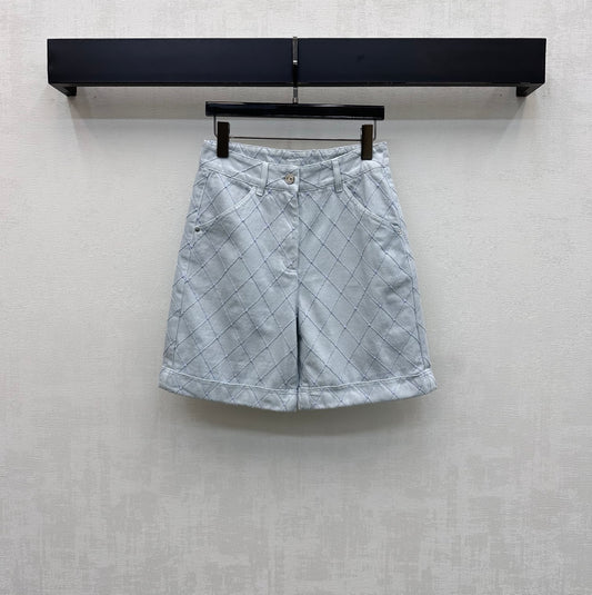 Quilted Diamond-Pattern Denim Cuff Shorts