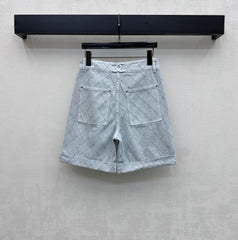 Quilted Diamond-Pattern Denim Cuff Shorts