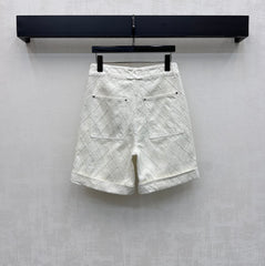 Quilted Diamond-Pattern Denim Cuff Shorts