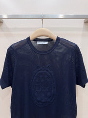 Hollow-out lace knit short-sleeved top