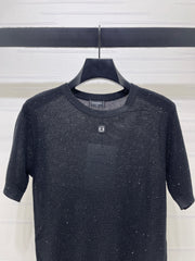 Sequined Crew Neck Knit Short-Sleeve T-Shirt