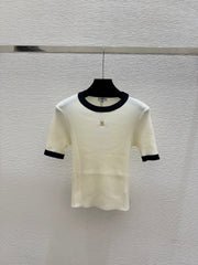 Color-blocked minimalist round neck knit short-sleeved top