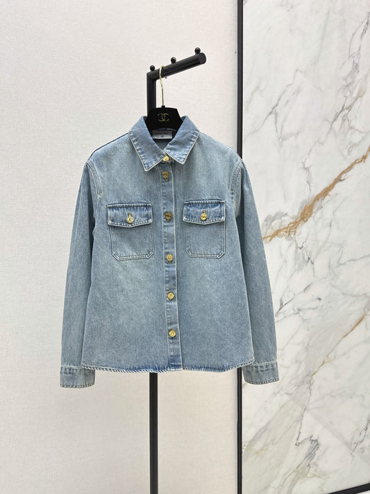 Gold-button denim shirt