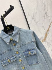 Gold-buttoned lace-up denim shirt