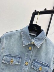 Gold-buttoned lace-up denim shirt