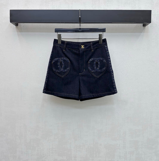Tweed and denim patchwork shorts
