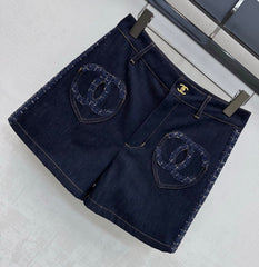 Tweed and denim patchwork shorts
