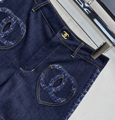 Tweed and denim patchwork shorts