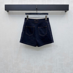 Tweed and denim patchwork shorts