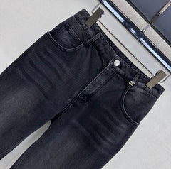 Straight-leg denim trousers with gold buttons