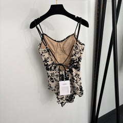 Flocked floral camisole-style one-piece swimsuit