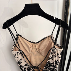 Flocked floral camisole-style one-piece swimsuit