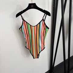 Colorful striped camisole + color-block beach skirt