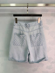 Wide-Leg Straight-Cut Linen Denim Shorts
